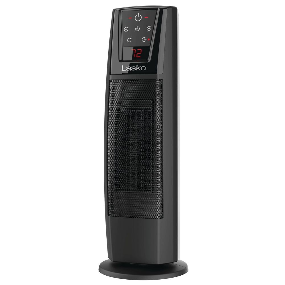 A Lasko oscillating ceramic tower heater with digital controls, adjustable thermostat, and timer, displaying the temperature of 72 degrees.