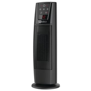 A Lasko oscillating ceramic tower heater with digital controls, adjustable thermostat, and timer, displaying the temperature of 72 degrees.