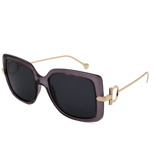 Square-frame sunglasses with dark lenses and gold-colored metal temples featuring circular accents.