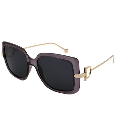 Square-frame sunglasses with dark lenses and gold-colored metal temples featuring circular accents.