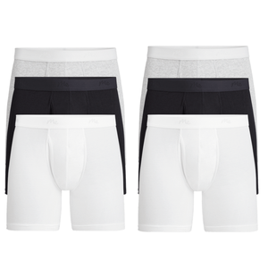 A 6-pack of MeUndies boxer briefs featuring two pairs each in white, black, and light gray. Each pair has a waistband with a subtle \“Me\“ branding.