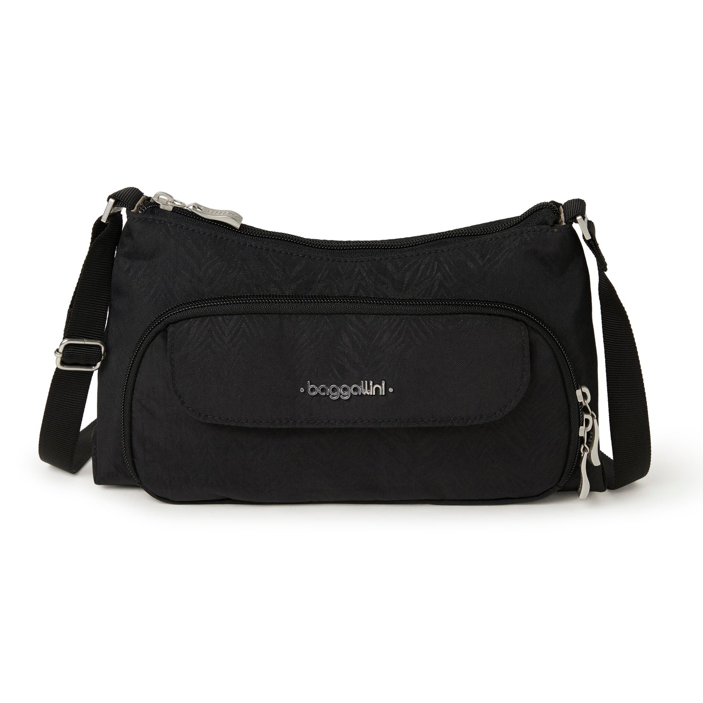 Black nylon crossbody bag with adjustable strap, multiple zippered compartments, and a brand logo.