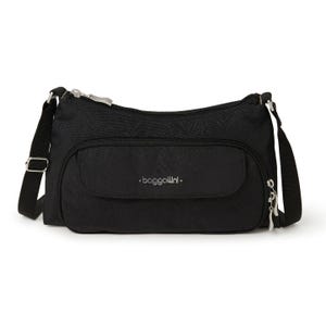 Black nylon crossbody bag with adjustable strap, multiple zippered compartments, and a brand logo.