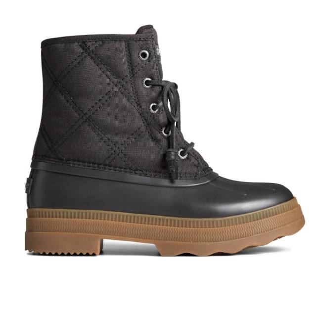 Black quilted lace-up boot with a rubber lower section and brown sole, designed for wet conditions.