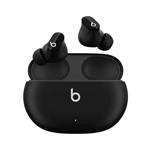 Beats Studio Buds are true wireless earbuds with a sleek, compact design and magnetic charging case, featuring the signature \“b\“ logo on both the earbuds and the case. They are designed for a comfortable fit and easy portability.