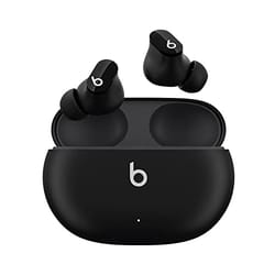Beats Studio Buds are true wireless earbuds with a sleek, compact design and magnetic charging case, featuring the signature \“b\“ logo on both the earbuds and the case. They are designed for a comfortable fit and easy portability.