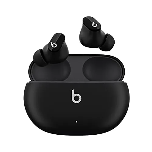 Beats Studio Buds are true wireless earbuds with a sleek, compact design and magnetic charging case, featuring the signature \“b\“ logo on both the earbuds and the case. They are designed for a comfortable fit and easy portability.