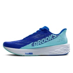 Blue Brooks running shoe with a light blue and white gradient, featuring \“DNA FLASH\“ technology in the midsole for cushioning.