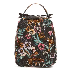 Floral and tiger print backpack with a top handle and front zip pocket.