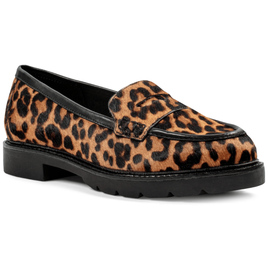 A loafer featuring a leopard print design with a black sole and trim. It has a slip-on style with a slightly rugged textured sole.