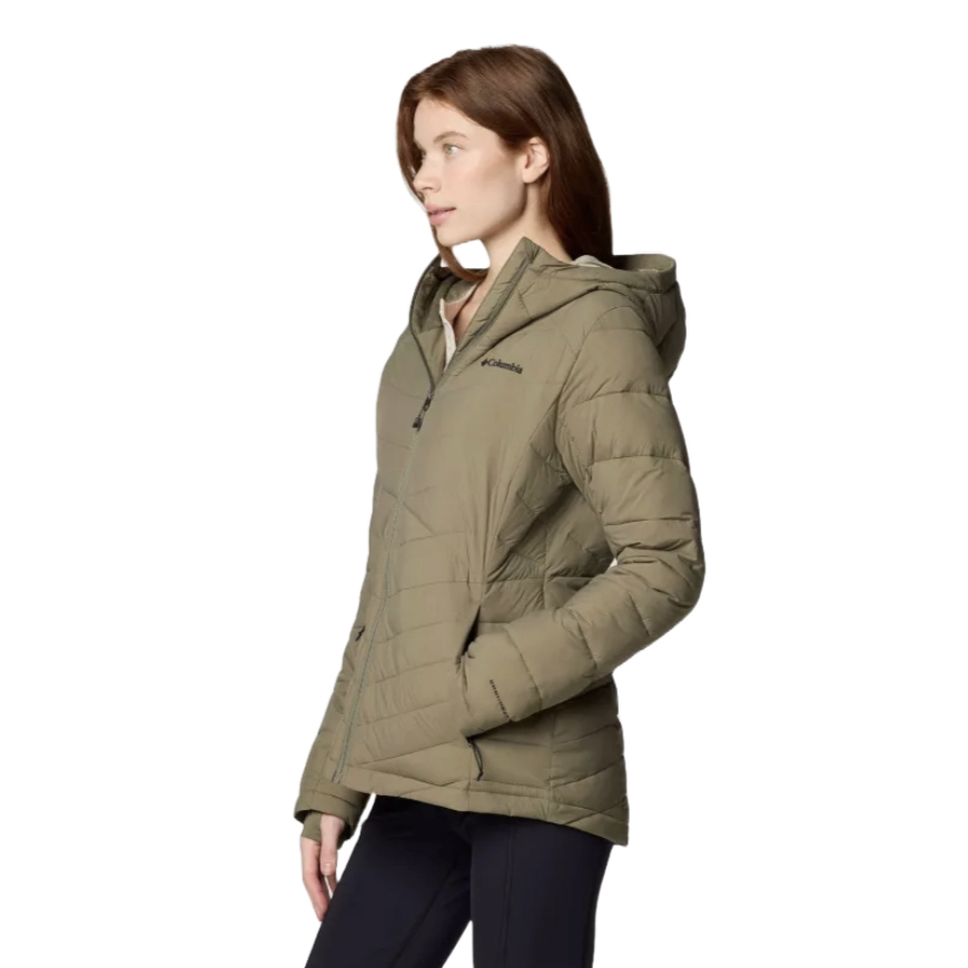 Olive green hooded jacket with a quilted design, zip closure, and side pockets, branded with Columbia's logo on the chest. Suitable for cold weather insulation.