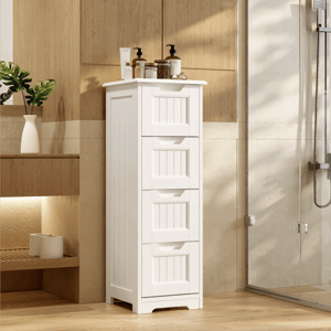 A white, vertical storage cabinet with four drawers, topped with various bathroom essentials like soap dispensers and bottles, stands beside a glass shower.