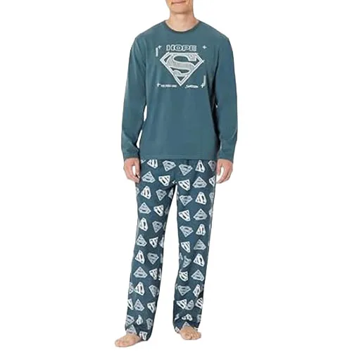 A two-piece sleepwear set featuring a long-sleeve top and pants, both adorned with Superman logos and the word \“Hope.\“