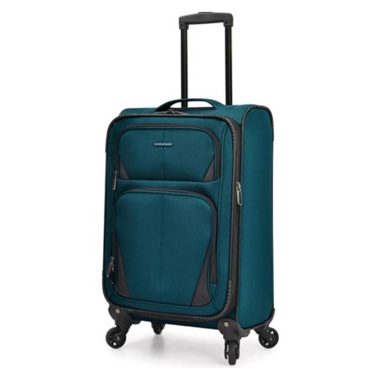 A teal 22\“ carry-on spinner luggage with black accents, featuring multiple compartments, zippers, a retractable handle, and four wheels for easy maneuverability.