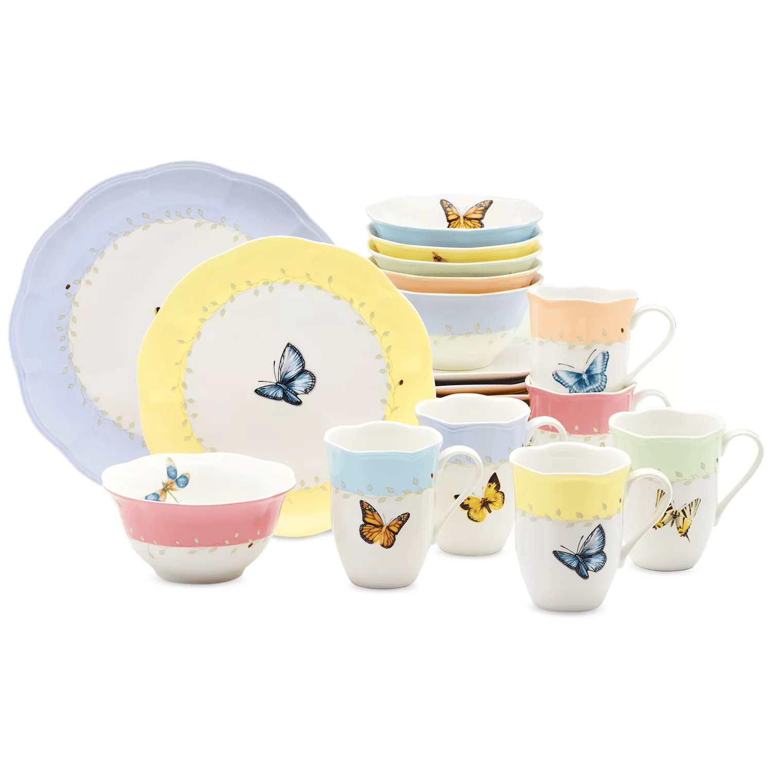 A pastel-colored dinnerware set featuring plates, bowls, and mugs with butterfly motifs.