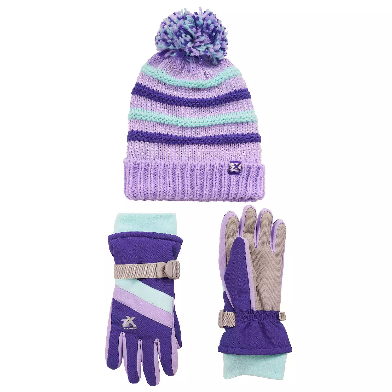 A knit beanie with purple, mint, and striped pattern, featuring a pom-pom, paired with matching purple gloves. The gloves have adjustable straps and pastel-colored accents for added style and functionality.