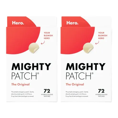 Two boxes of \“Mighty Patch\“ by Hero, each containing 72 hydrocolloid acne patches, designed for pimple treatment.
