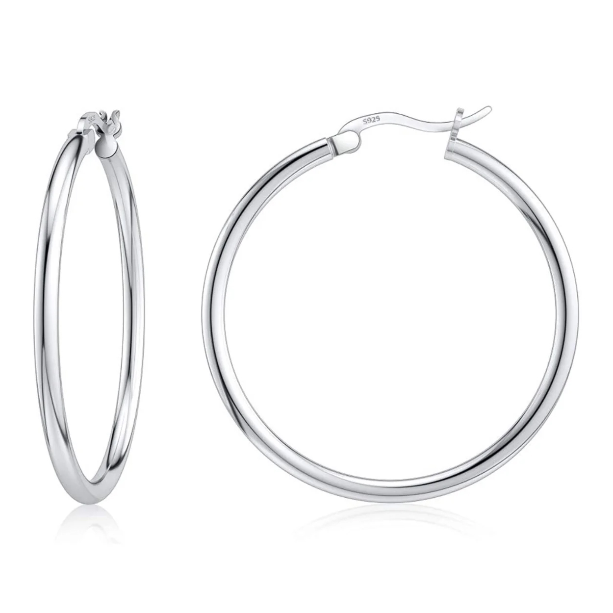 Silver hoop earrings with a latch back design, marked with \“925\“ indicating sterling silver.