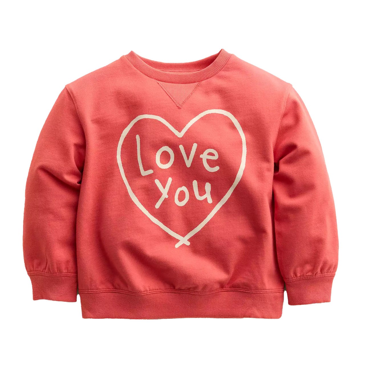 A coral pink sweatshirt featuring a simple heart design with the words \“Love you\“ in white text on the front.