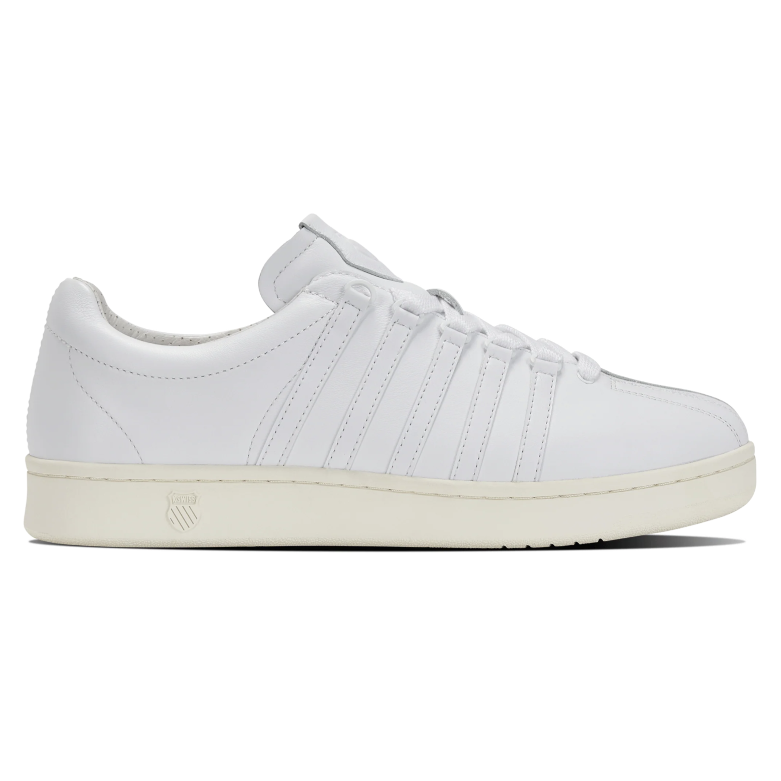 White sneaker with leather upper, featuring five side stripes and a logo on the midsole.