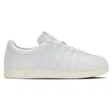 White sneaker with leather upper, featuring five side stripes and a logo on the midsole.