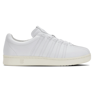 White sneaker with leather upper, featuring five side stripes and a logo on the midsole.