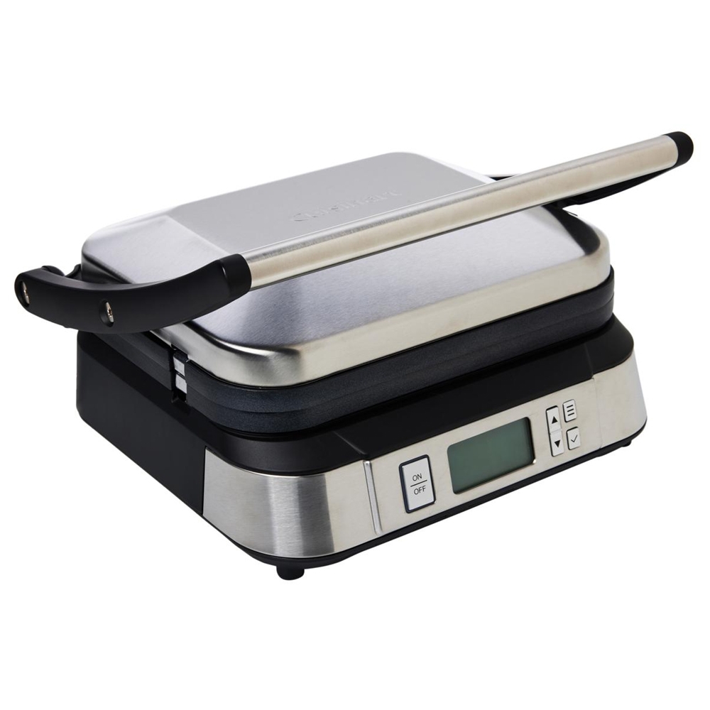 The Cuisinart Griddler Contact Grill is a compact stainless steel appliance with a digital display, ON/OFF button, and adjustable temperature controls, suitable for grilling sandwiches and various foods.