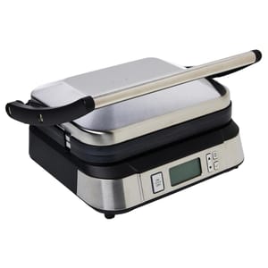The Cuisinart Griddler Contact Grill is a compact stainless steel appliance with a digital display, ON/OFF button, and adjustable temperature controls, suitable for grilling sandwiches and various foods.
