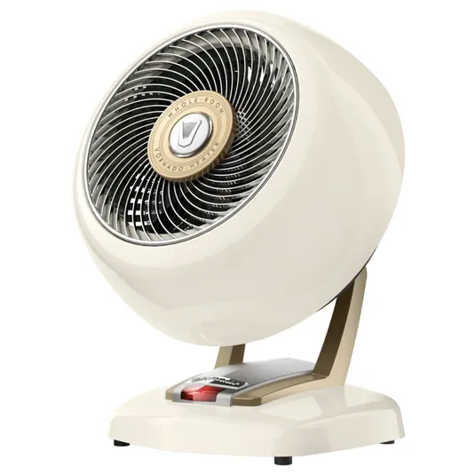 A vintage-style cream tabletop fan with a round body, metal grille, and adjustable base designed for whole-room air circulation.