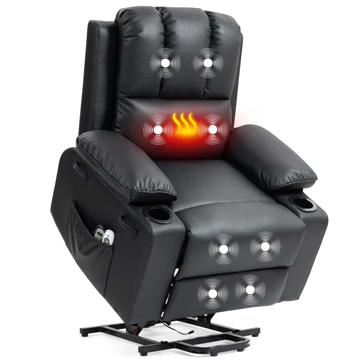 A black recliner chair featuring massage and heating functions, cup holders, and side pockets.