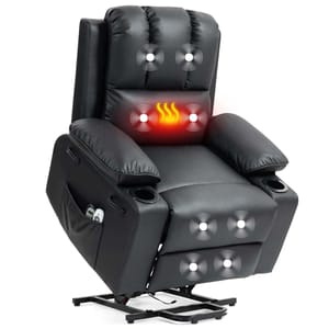 A black recliner chair featuring massage and heating functions, cup holders, and side pockets.