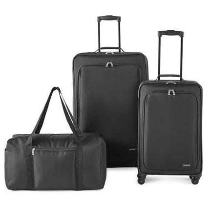 Set includes two rolling suitcases with retractable handles and a duffle bag, all in black.
