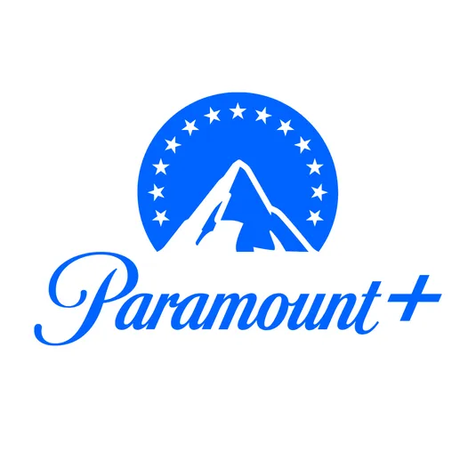 The Paramount+ logo features a blue mountain with a circle of stars above it and \“Paramount+\“ written beneath.