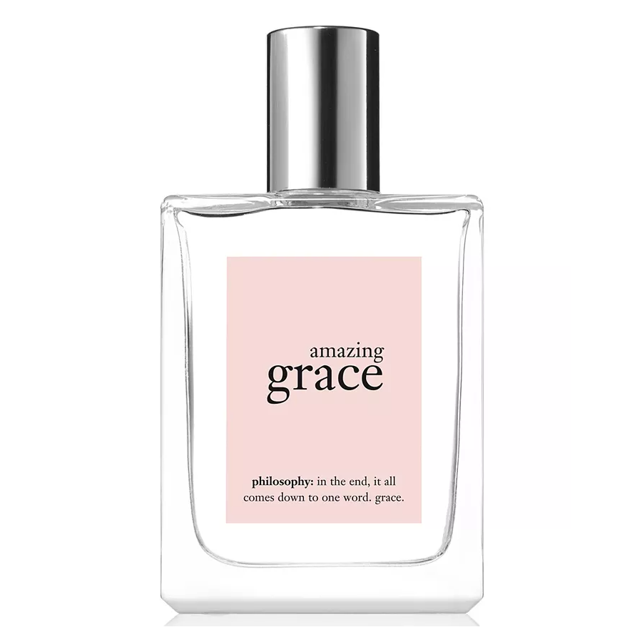 Philosophy Amazing Grace is a fragrance with a clean, floral scent featuring notes of bergamot, muguet blossoms, and musk. The bottle is clear with a silver cap and a pink label that includes an empowering message about grace.