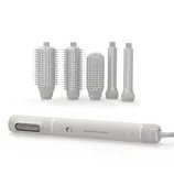 A multi-functional hair styling device with interchangeable attachments, including a flat iron, round brush heads of different sizes, and a pre-styling dryer comb.
