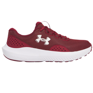 A red Under Armour sneaker featuring a mesh design with a white sole and logo, designed for comfort and performance.