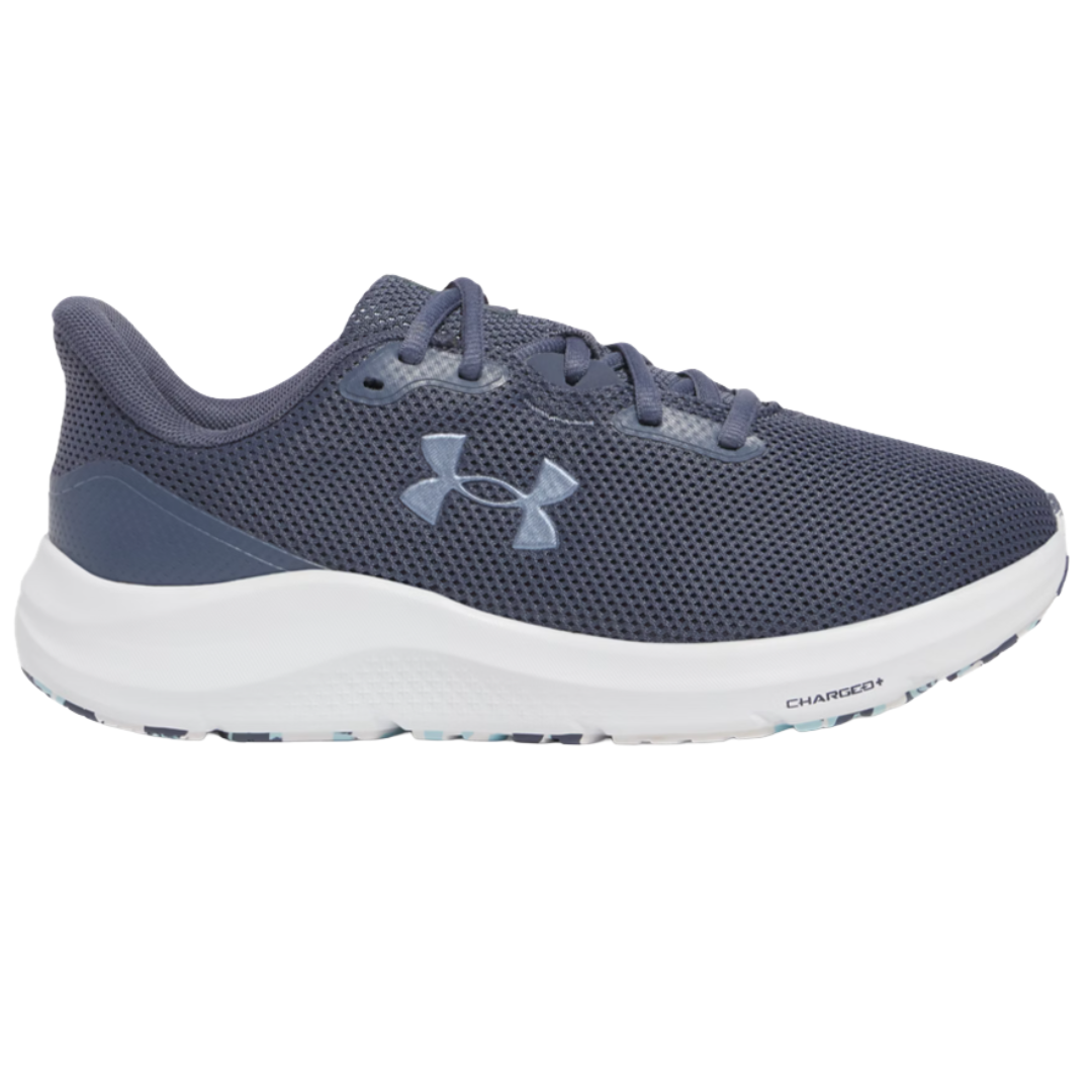 Dark blue athletic shoe with a mesh upper and a white sole featuring the Under Armour logo and \“Charged\“ branding.