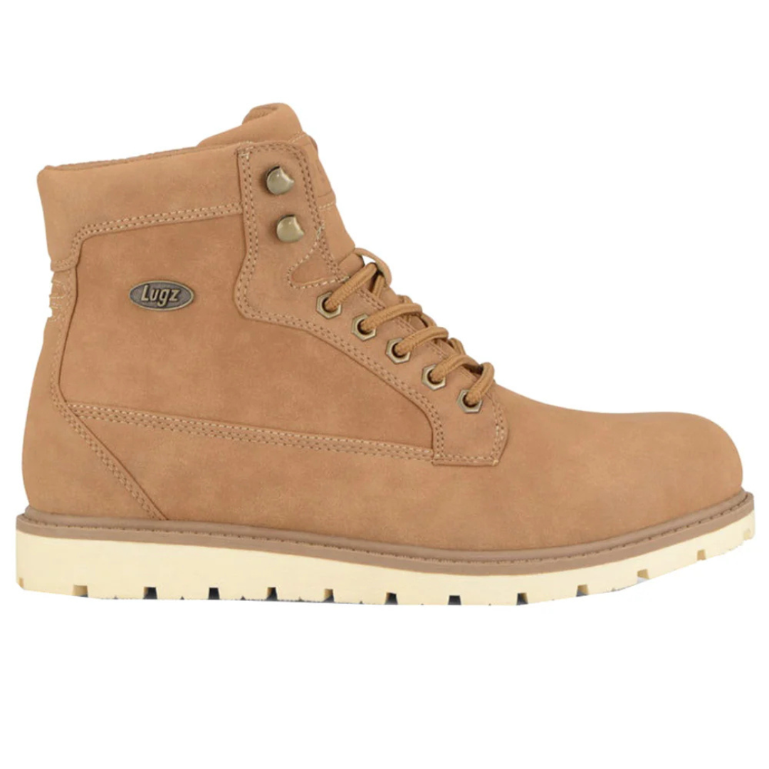 A tan, mid-height Lugz boot with a logo, featuring metal eyelets and a rugged off-white sole.