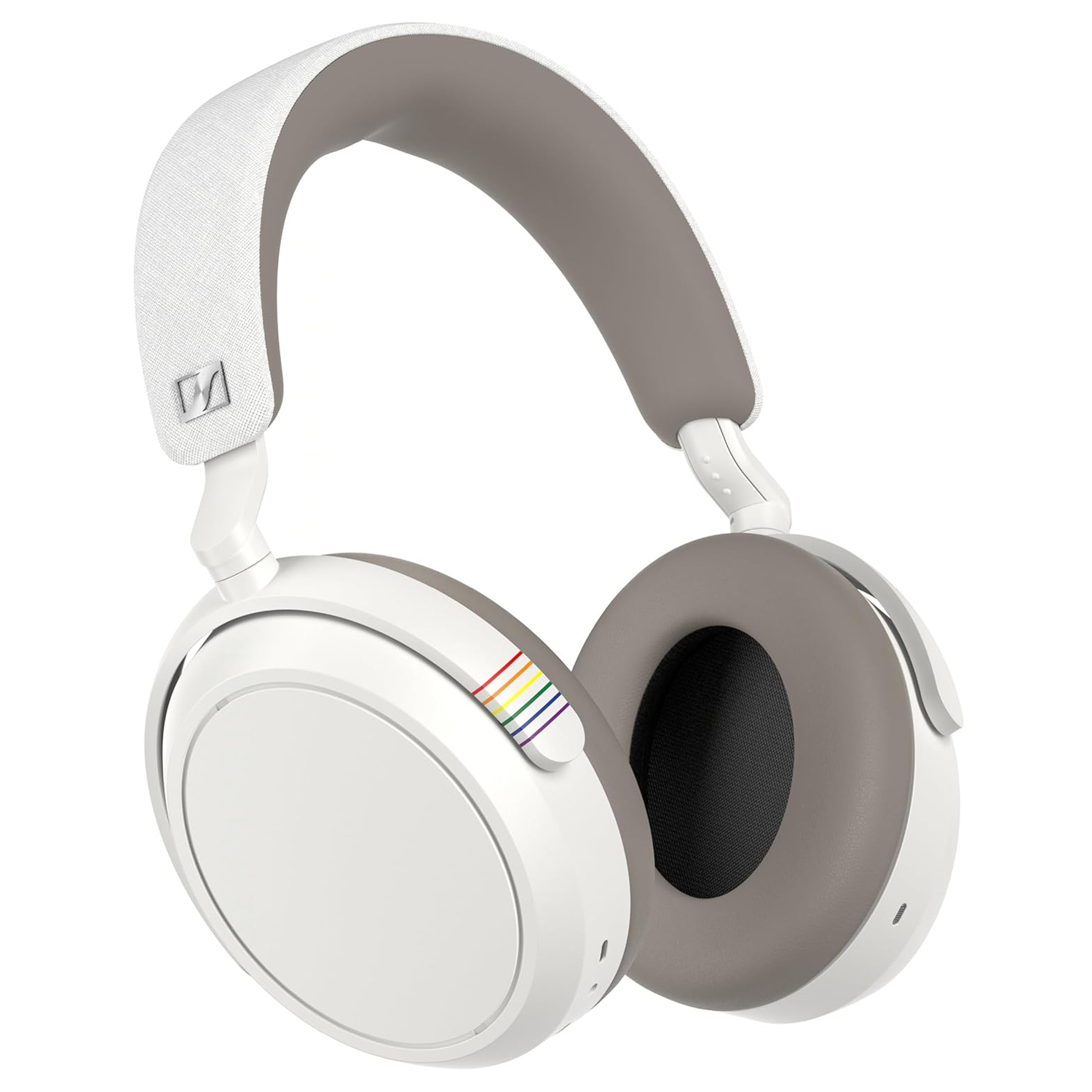 The Sennheiser Momentum 4 Headphones feature an over-ear design with white and grey accents, soft ear cushions, and a headband. They include a small multicolored stripe detail.