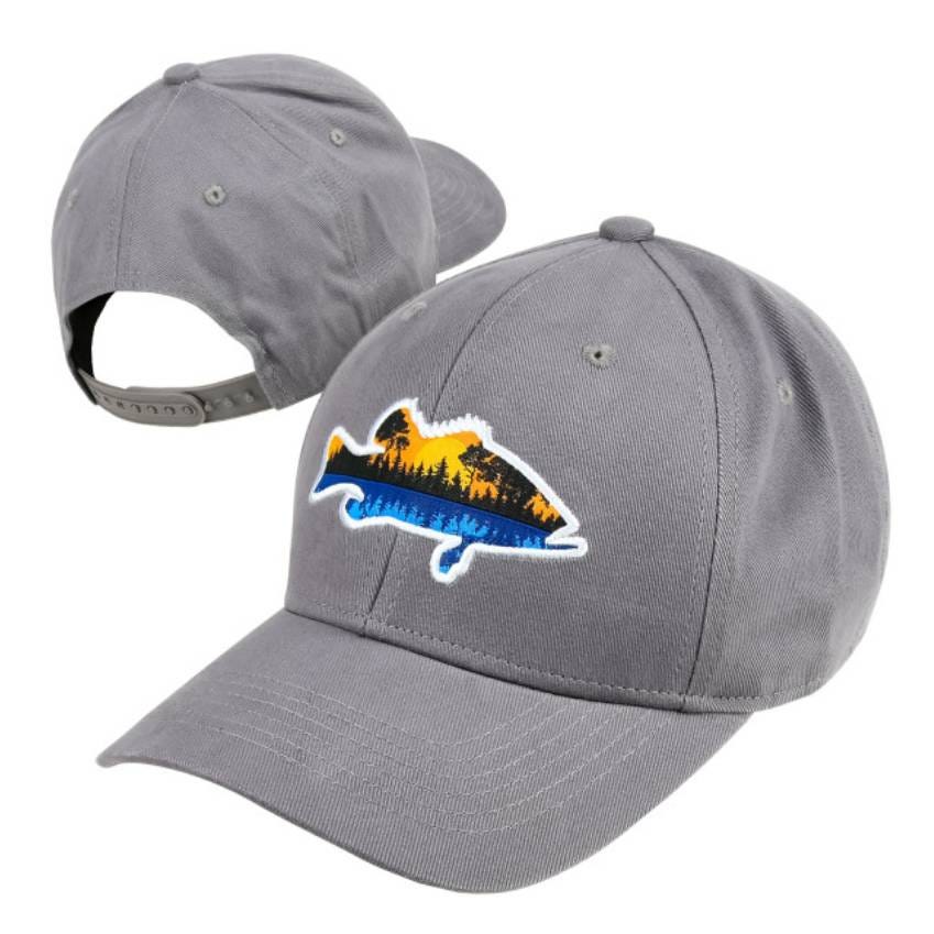 Gray baseball cap with a mountain and sunset design featuring the silhouette of a bass fish. The cap has an adjustable strap on the back.