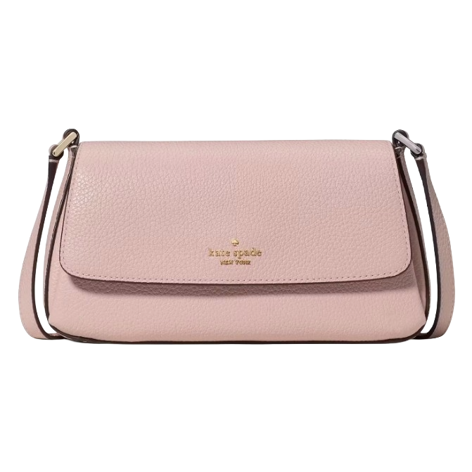 A pink, pebble-leather crossbody bag with a front flap and a strap, featuring the \“kate spade new york\“ logo in gold lettering.