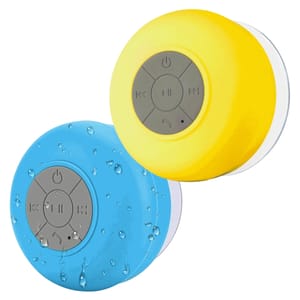 2-pack waterproof Bluetooth speakers in blue and yellow, each with control buttons for power, play/pause, and call function. The blue speaker is shown with water droplets, indicating waterproof capability.