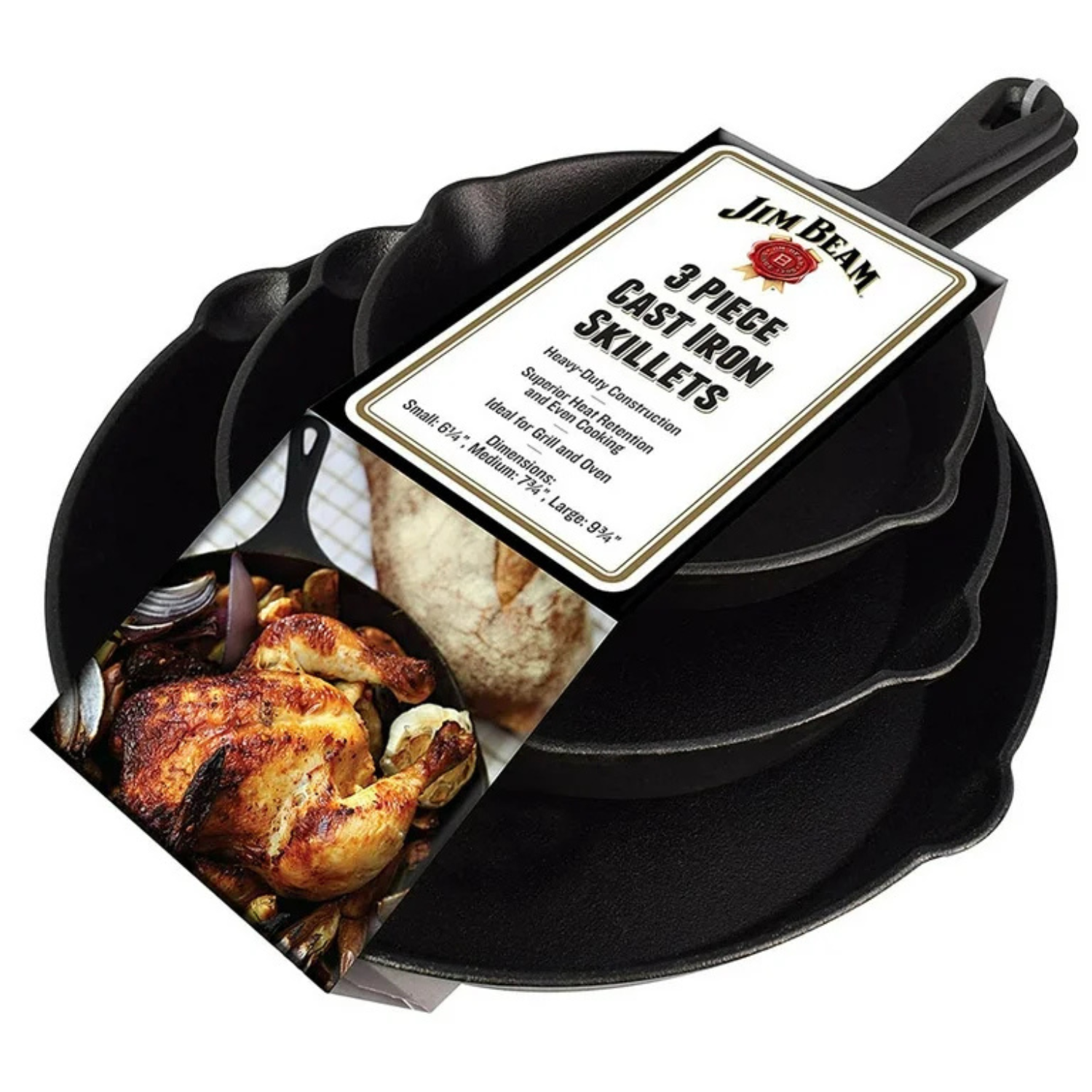 Jim Beam's 3 Piece Cast Iron Skillet set includes heavy-duty pans designed for superior heat retention. Sizes: Small 6.5\“, Medium 7.5\“, Large 9.5\“. Suitable for grill and oven use.