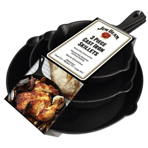 Jim Beam's 3 Piece Cast Iron Skillet set includes heavy-duty pans designed for superior heat retention. Sizes: Small 6.5\“, Medium 7.5\“, Large 9.5\“. Suitable for grill and oven use.