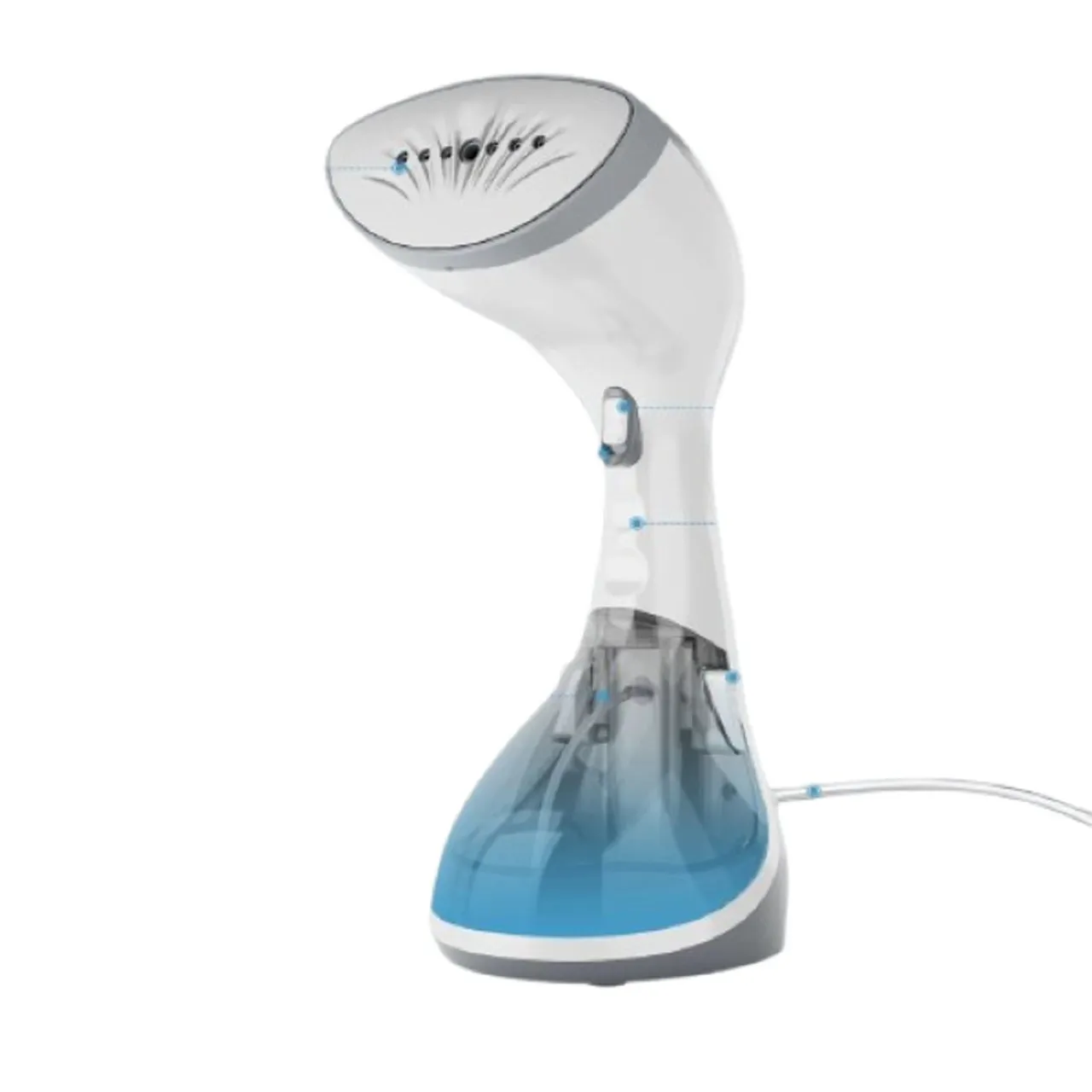A handheld garment steamer with a blue water tank and a white, curved nozzle. It is designed to remove wrinkles from clothing using steam.