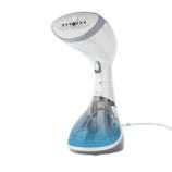 A handheld garment steamer with a blue water tank and a white, curved nozzle. It is designed to remove wrinkles from clothing using steam.