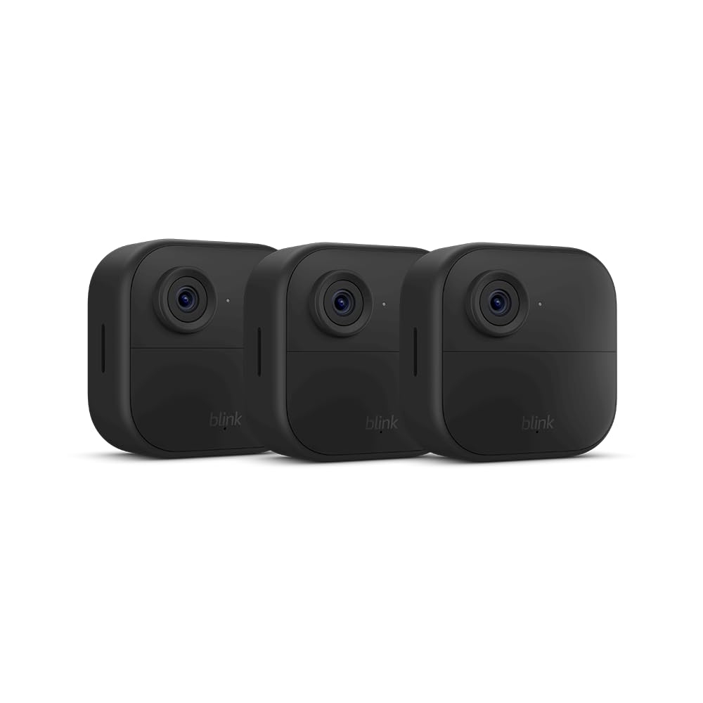 Three black Blink security cameras are shown, designed for home surveillance.