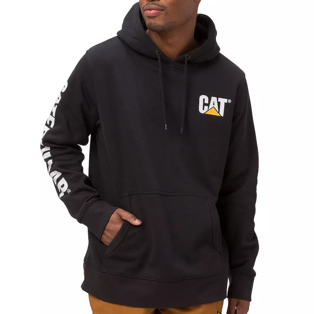 Black hoodie with the \“CAT\“ logo on the chest and \“CATERPILLAR\“ text on the sleeve. Features a drawstring hood and a front kangaroo pocket.
