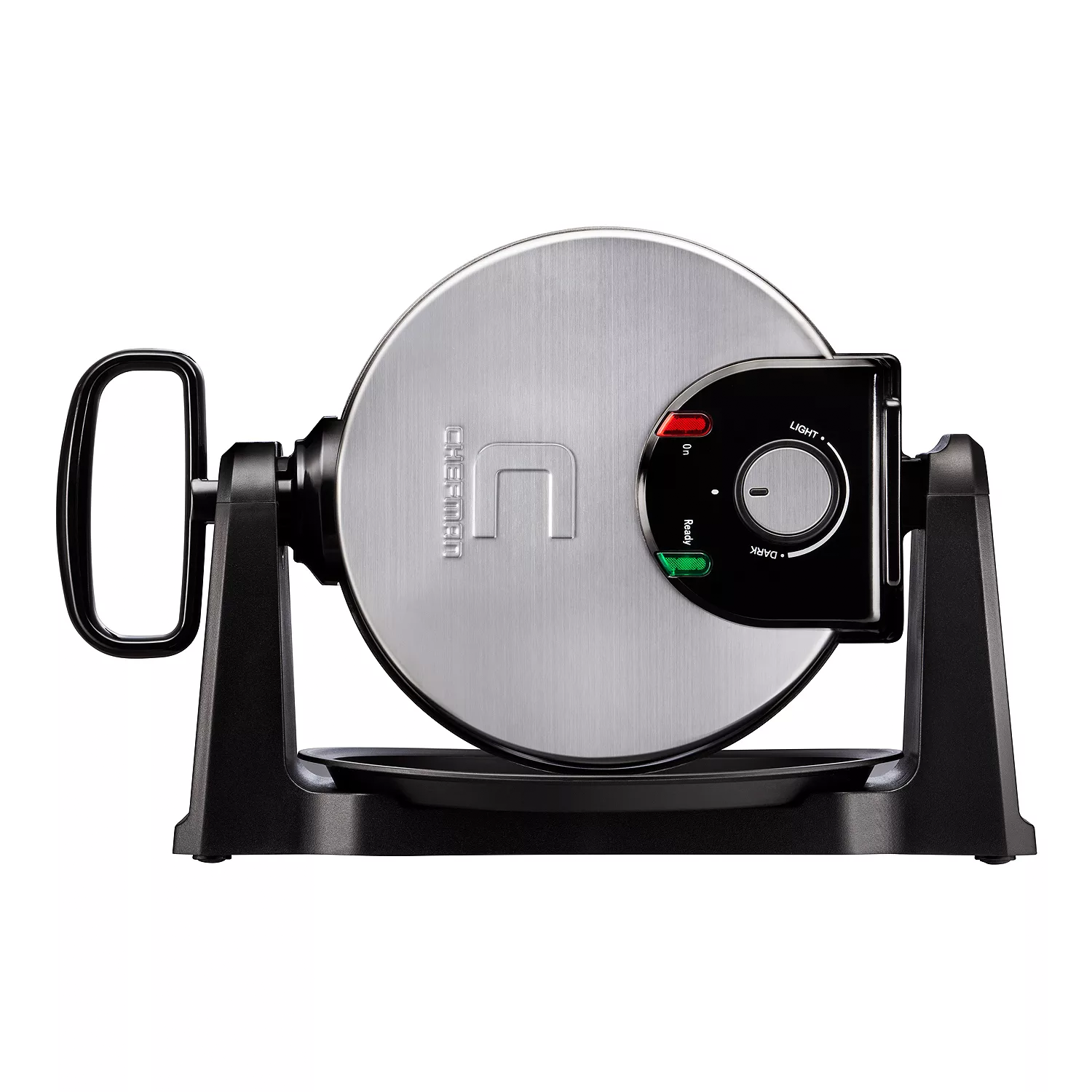 A stainless steel flip waffle maker with a handle, featuring adjustable browning control, and red and green indicator lights for power and ready status.