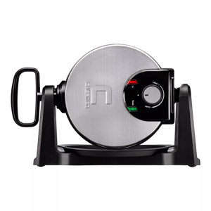A stainless steel flip waffle maker with a handle, featuring adjustable browning control, and red and green indicator lights for power and ready status.